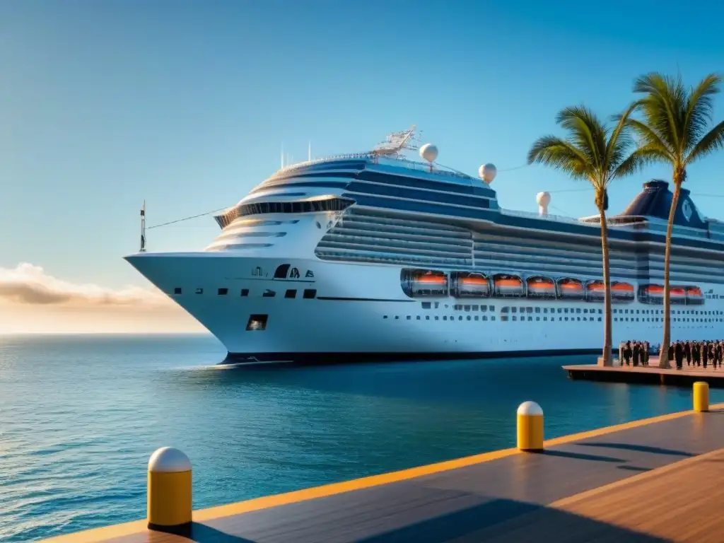 Un crucero moderno y elegante en un puerto tropical, con servicios de concierge en cruceros, bajo un cielo azul brillante