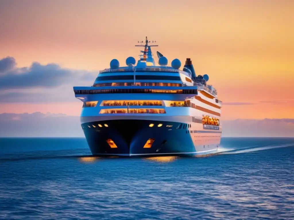 Un crucero moderno navega elegante en un vasto océano al atardecer, reflejando el espíritu de Anne Bonny en roles de género marítimo