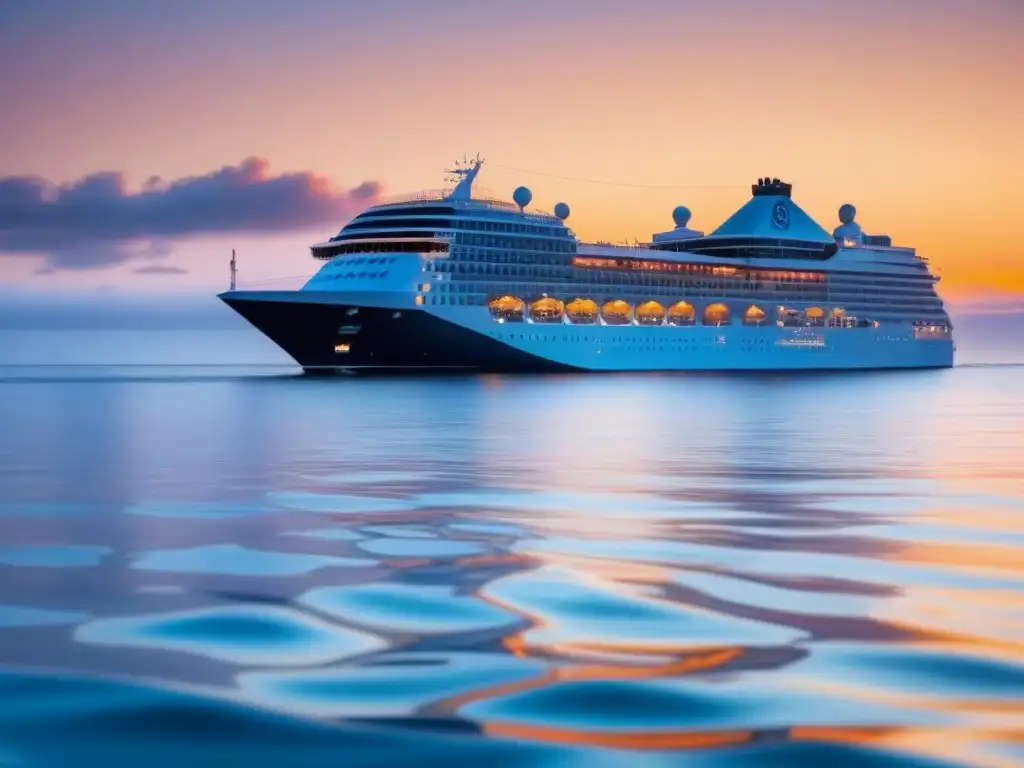 Un crucero moderno y elegante navega bajo un vibrante atardecer en el mar