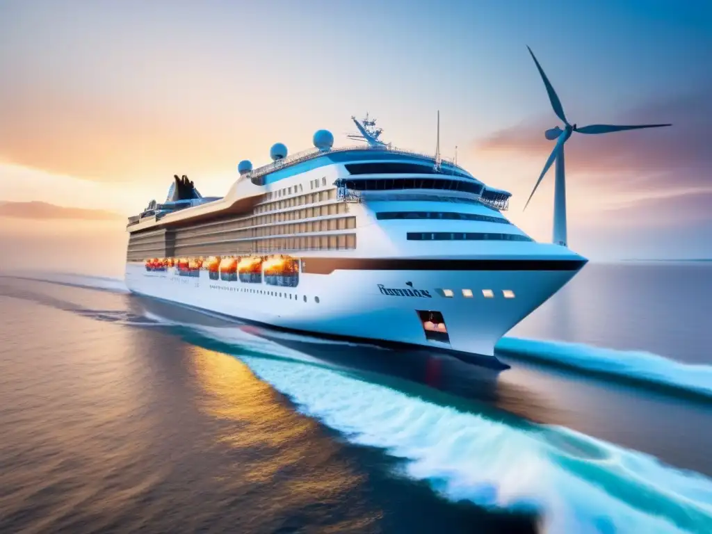 Un crucero moderno navega con elegantes turbinas integradas, simbolizando tecnologías de energía renovable en cruceros marítimos