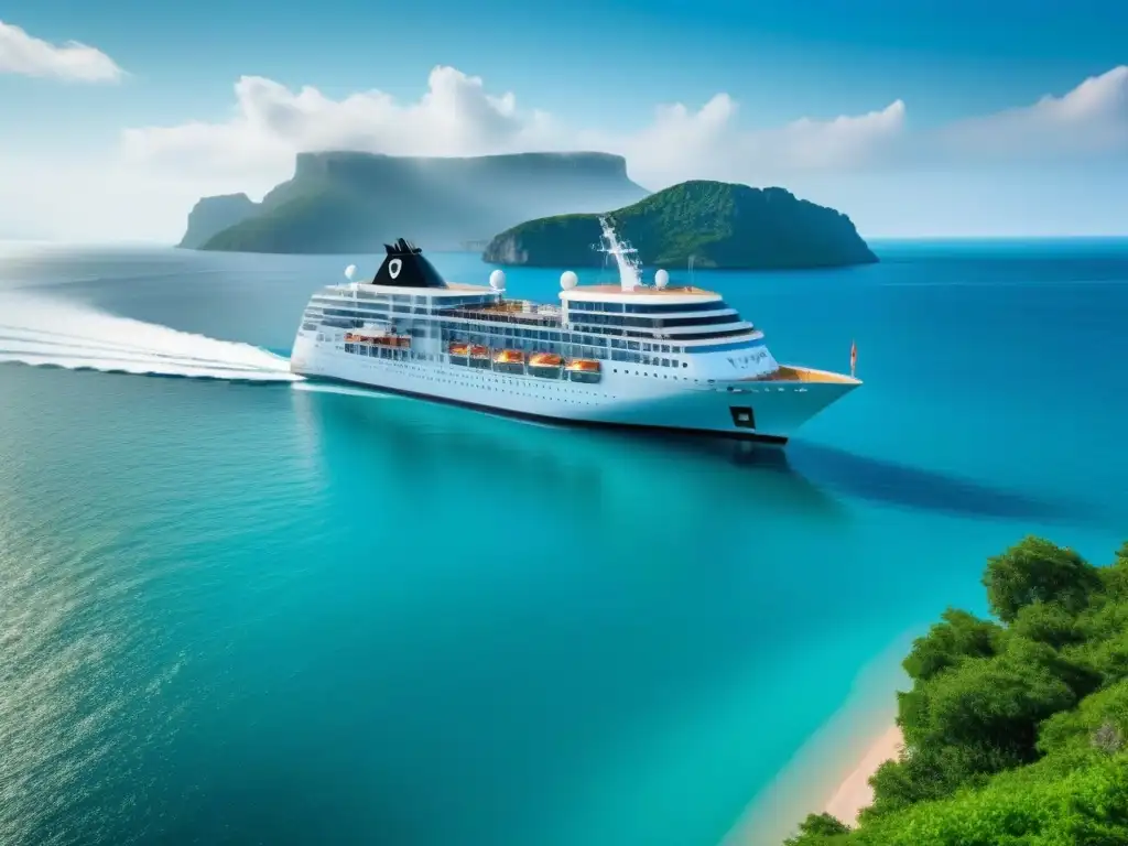 Un crucero moderno con encanto tradicional navega elegante en aguas turquesas, bañado por la luz dorada del sol