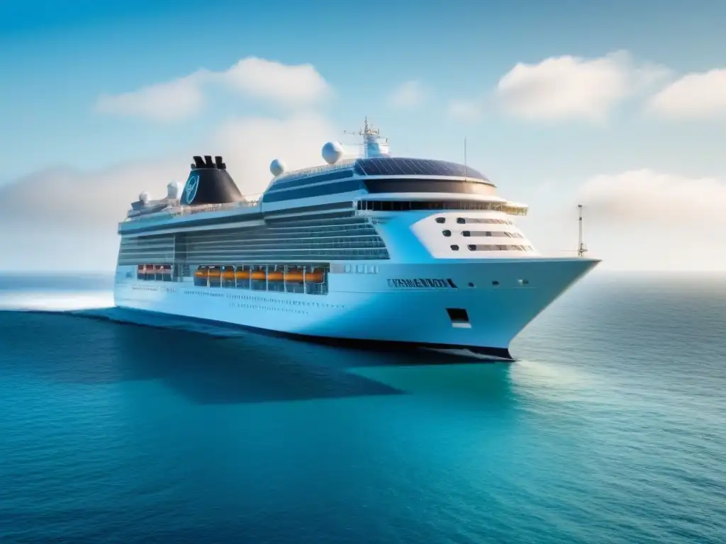 Un crucero moderno con energía renovable y un impacto ambiental positivo navegando en un océano prístino bajo un cielo azul claro