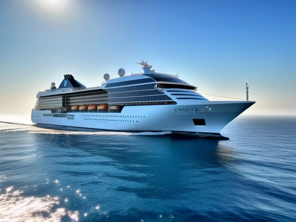 Un crucero moderno con energías renovables navegando suavemente en un océano soleado