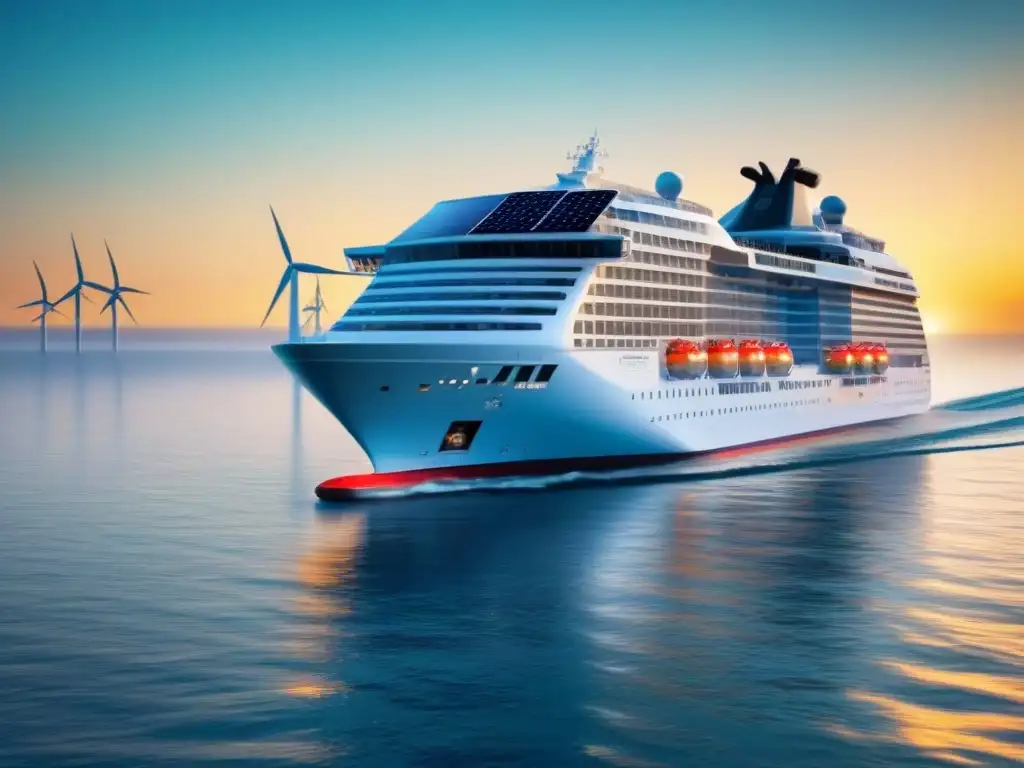 Un crucero moderno con energías renovables navegando en aguas cristalinas al atardecer