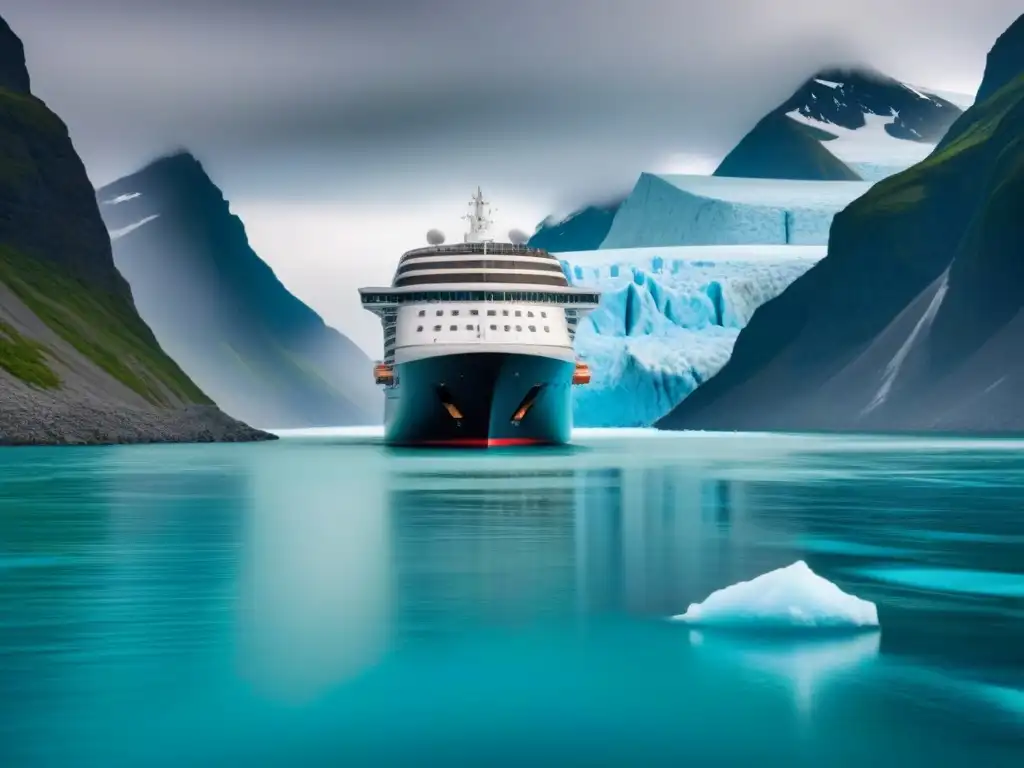 Un crucero moderno navega entre glaciares derretidos, mostrando el impacto del cambio climático y posibles soluciones