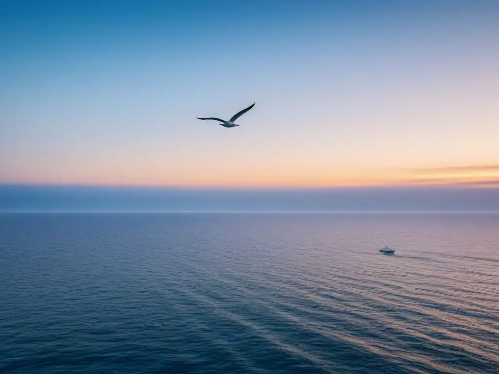 Un crucero moderno navega en un horizonte marino al amanecer, reflejando tranquilidad