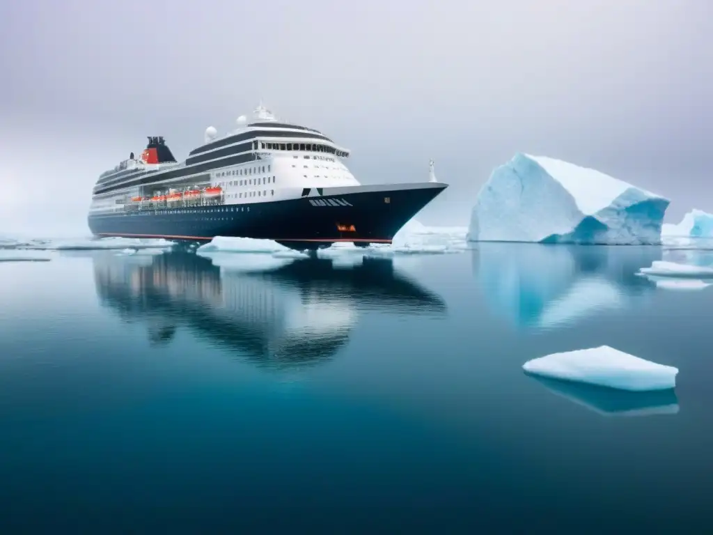 Un crucero moderno navega entre icebergs en aguas azules, reflejando el contraste entre el barco y el entorno ártico