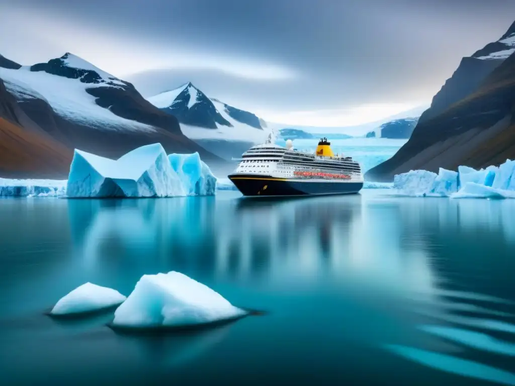 Un crucero moderno navega entre icebergs derretidos, simbolizando el impacto del cambio climático en el turismo marítimo