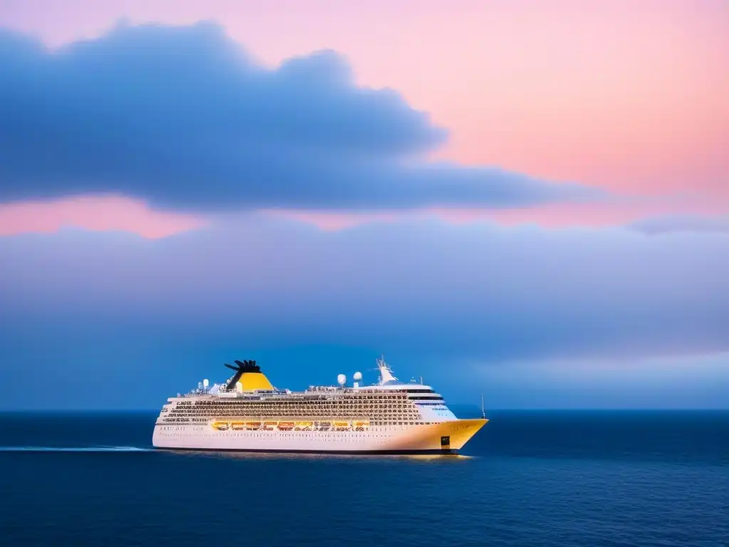 Un crucero moderno iluminado al atardecer, reflejando la calma del mar en un ambiente tranquilo