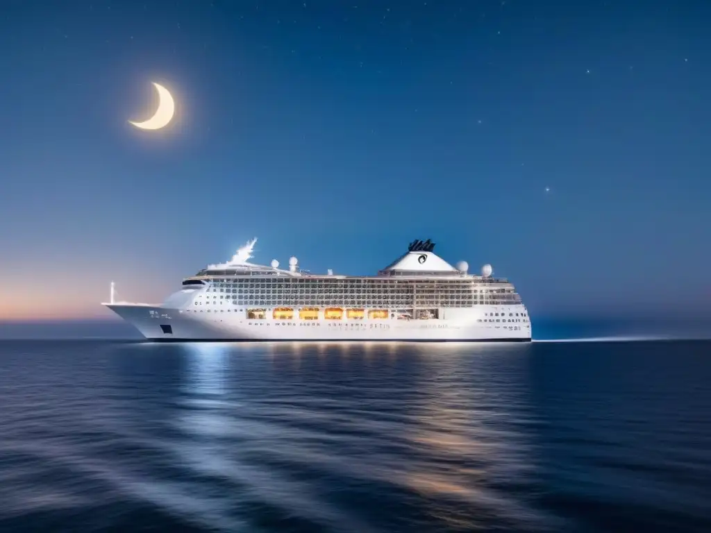 Un crucero moderno iluminado navegando bajo un cielo estrellado