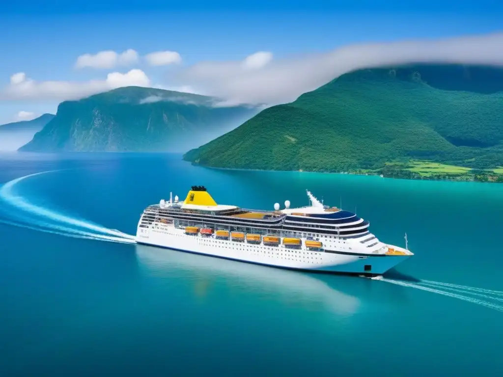 Un crucero moderno con innovaciones verdes navegando en aguas turquesas, rodeado de montañas verdes bajo un cielo azul claro