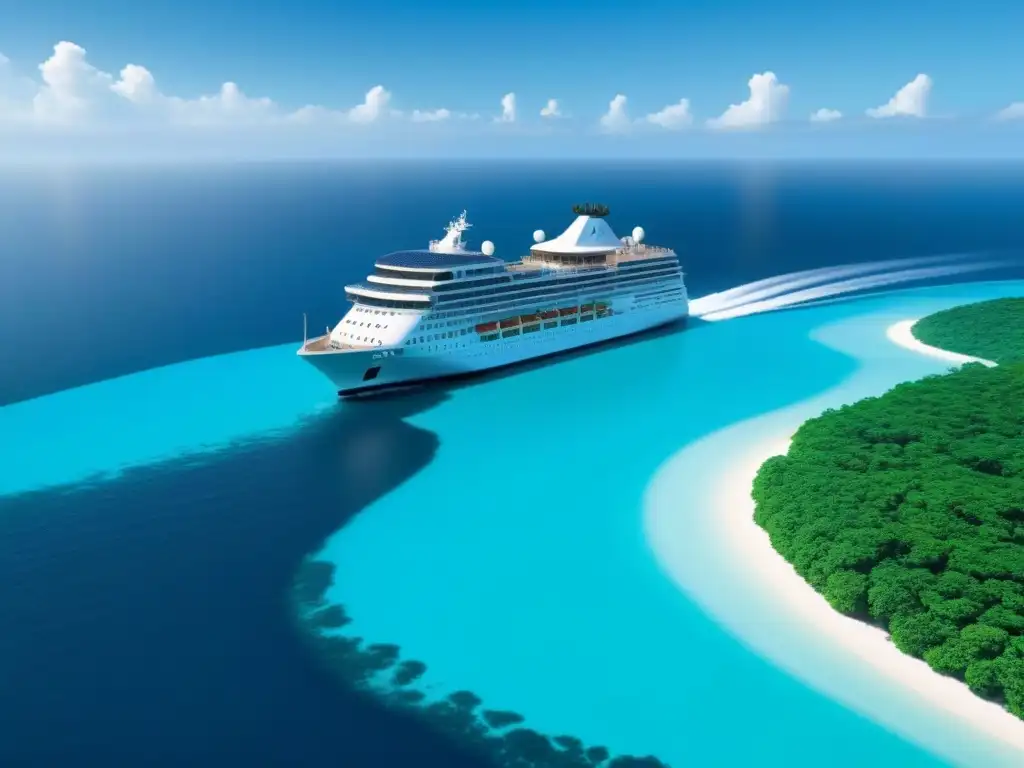 Un crucero moderno navega entre islas tropicales, destacando su tecnología verde y diseño sostenible