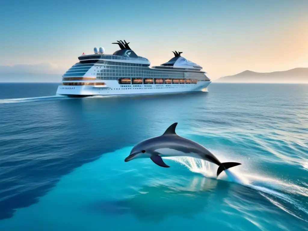 Un crucero moderno navegando junto a delfines en aguas turquesa, con diseño ecofriendly y compromiso cruceros conservación medio ambiente