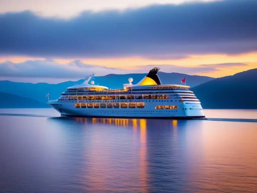 Un crucero moderno y lujoso iluminado por el resplandor dorado del atardecer, navegando con gracia en un océano tranquilo y sereno