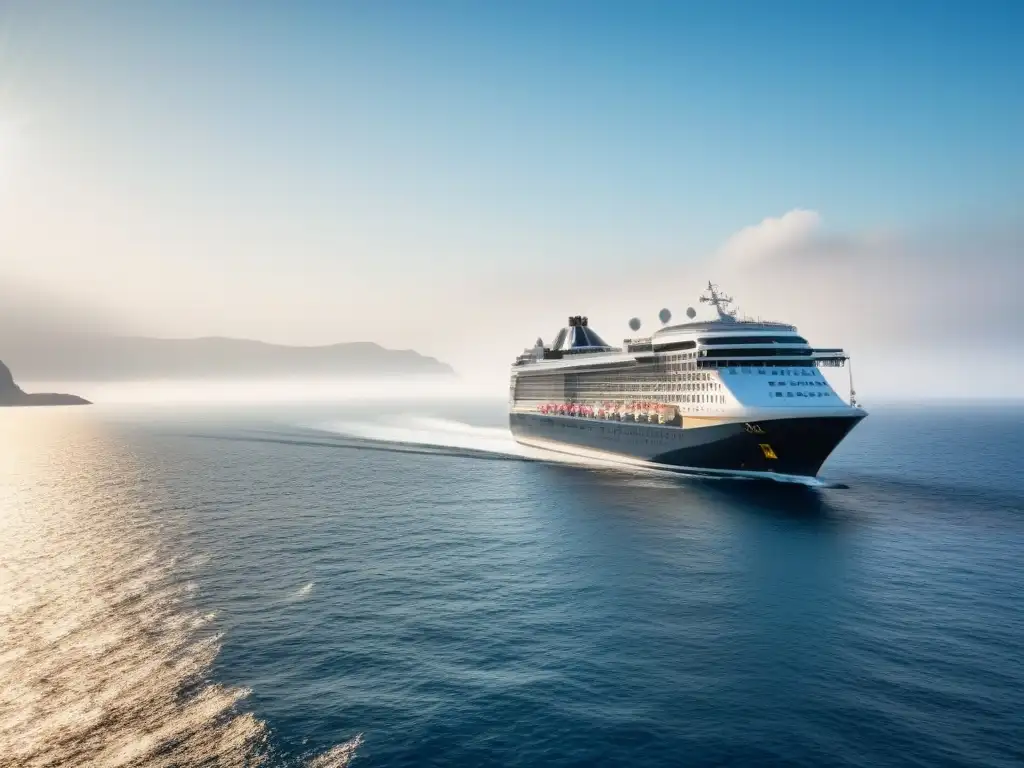 Un crucero moderno navega suavemente en un mar calmado y cielo azul, transmitiendo tranquilidad y lujo