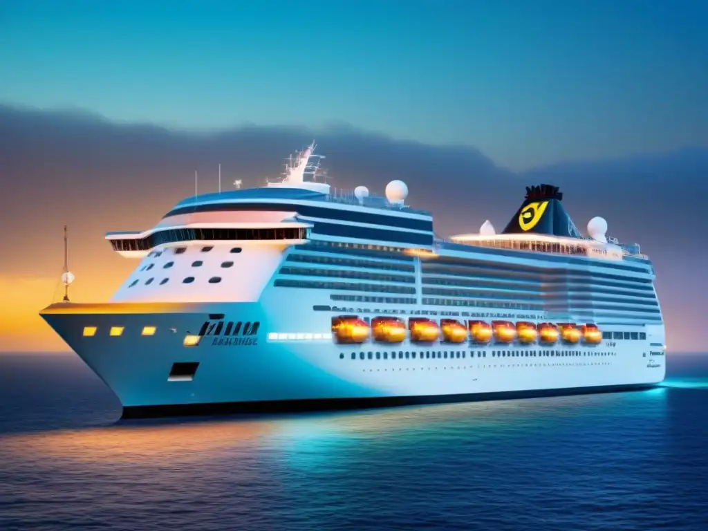 Un crucero moderno surca un mar digital de símbolos de criptomonedas, fusionando viajes en crucero y criptomonedas