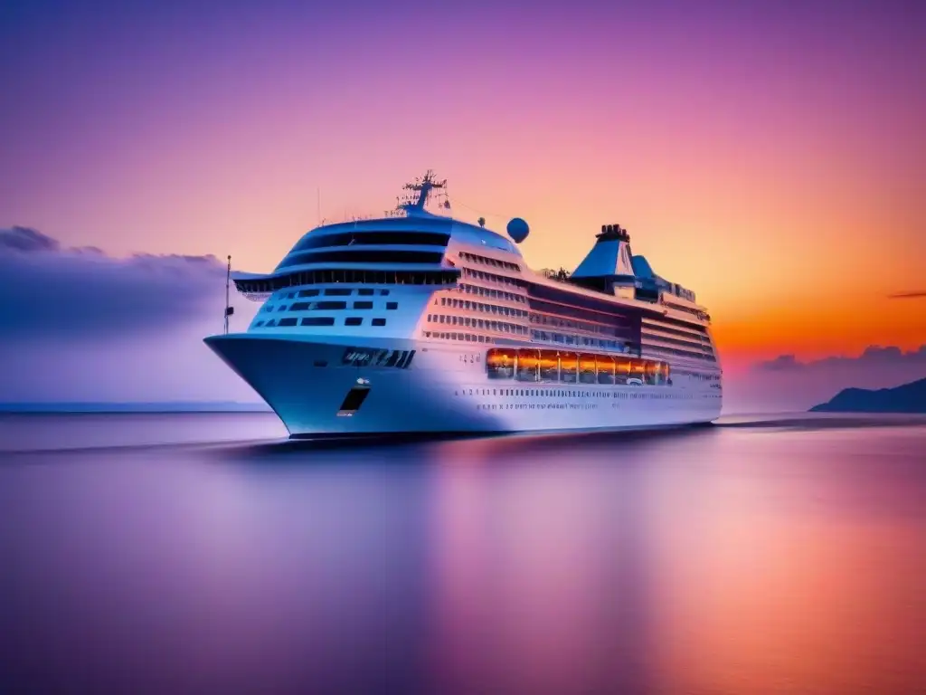 Un crucero moderno navega en un mar tranquilo al atardecer, iluminado por cálida luz dorada