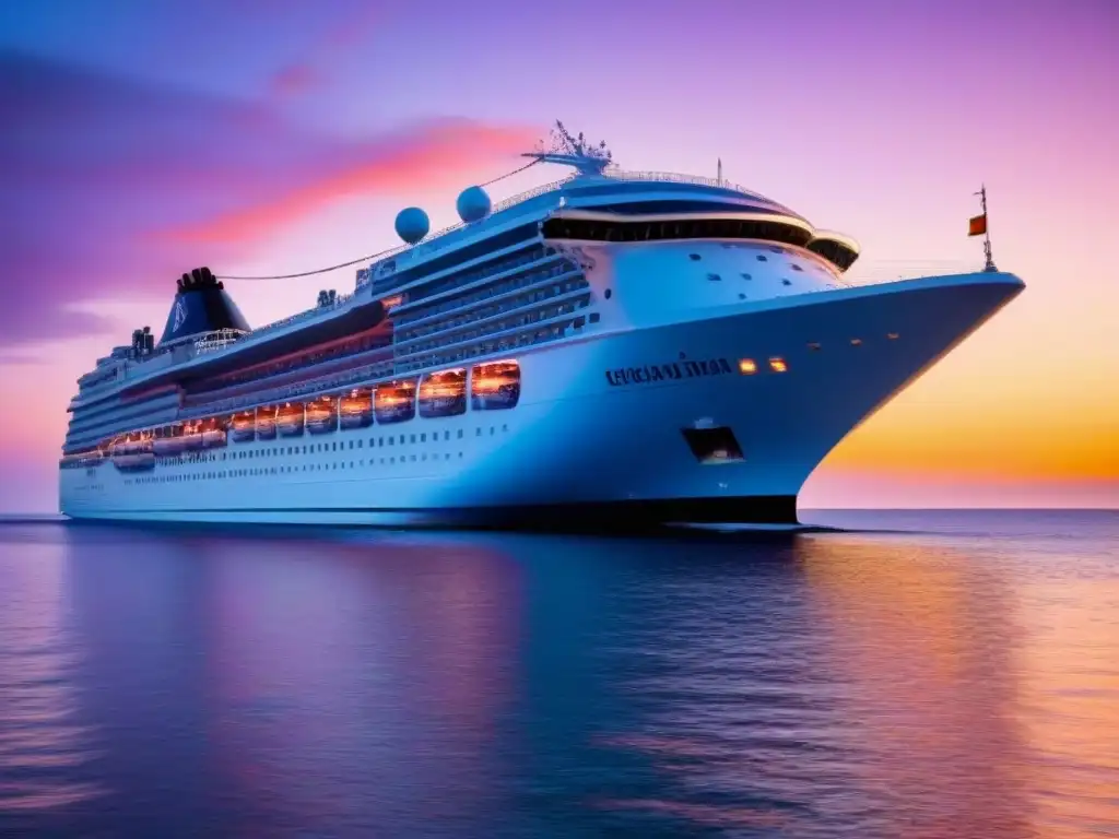 Un crucero moderno navega en un mar tranquilo al atardecer, rodeado de colores cálidos