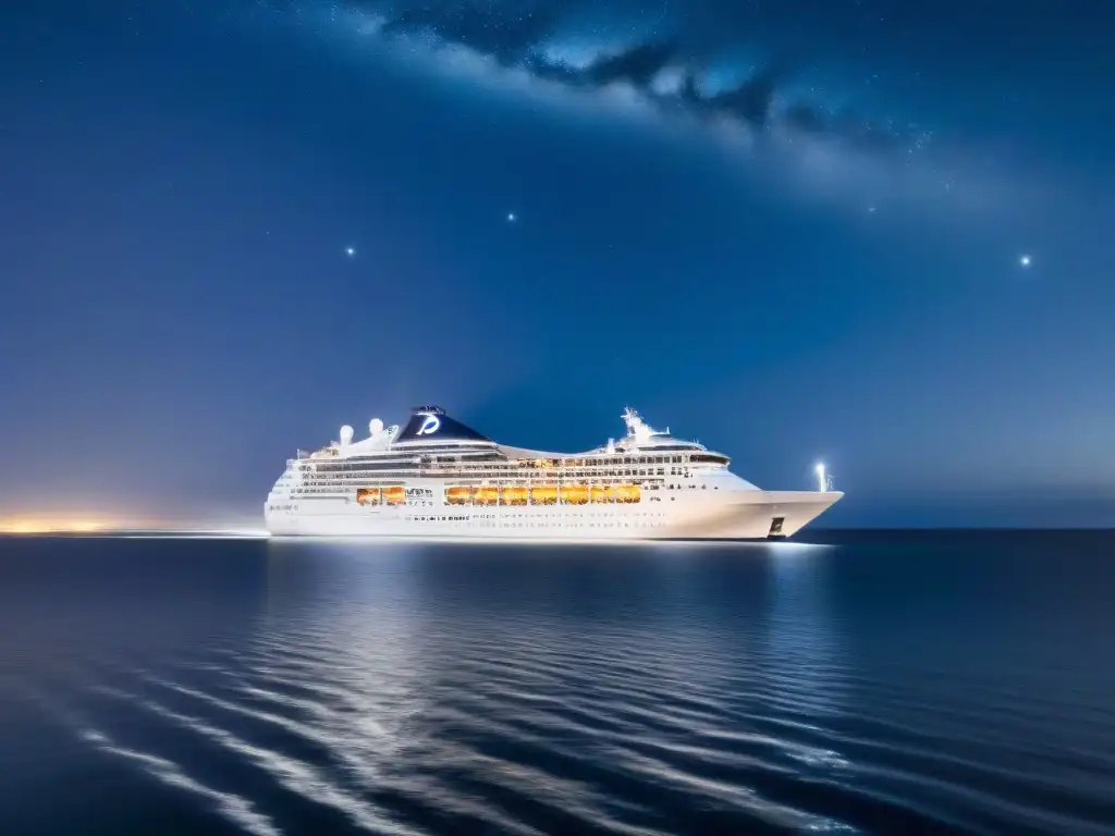 Un crucero moderno navega de noche en aguas tranquilas bajo un cielo estrellado