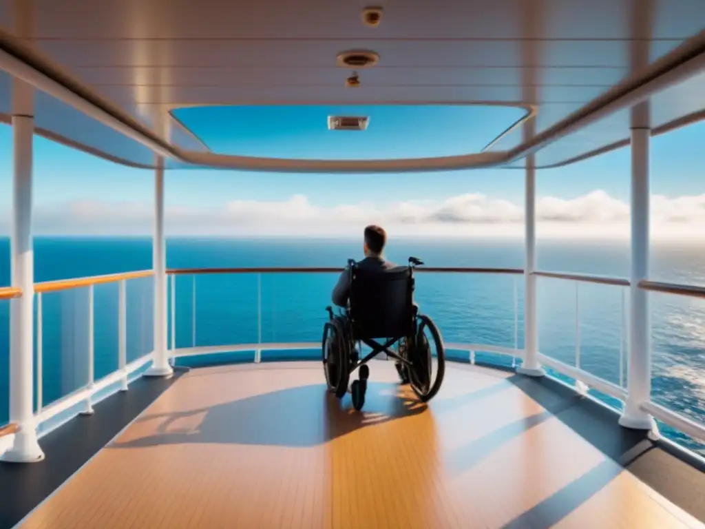 Un crucero moderno con normativas de accesibilidad en cruceros, rampas y pasajeros diversos disfrutando la vista