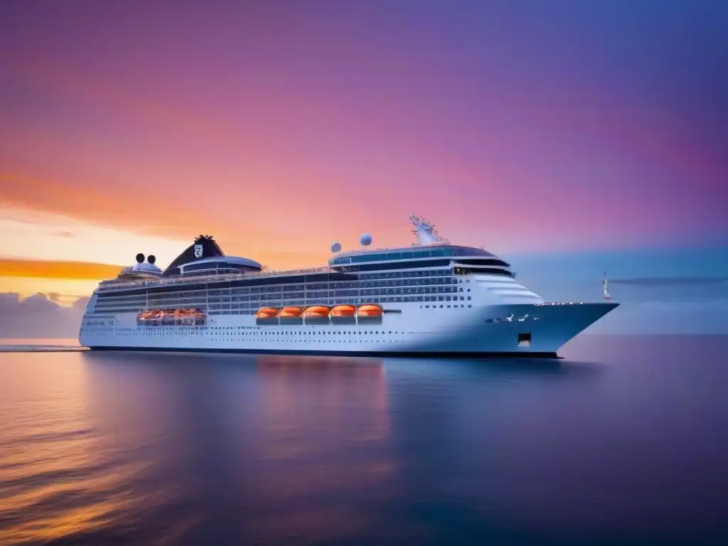 Un crucero moderno en armonía con el océano al atardecer, destacando sus paneles solares