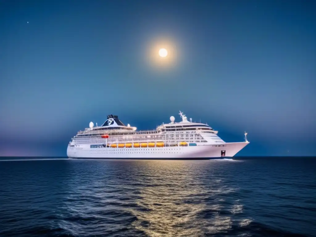 Un crucero moderno surca el océano bajo un cielo estrellado, reflejando en el mar tranquilo