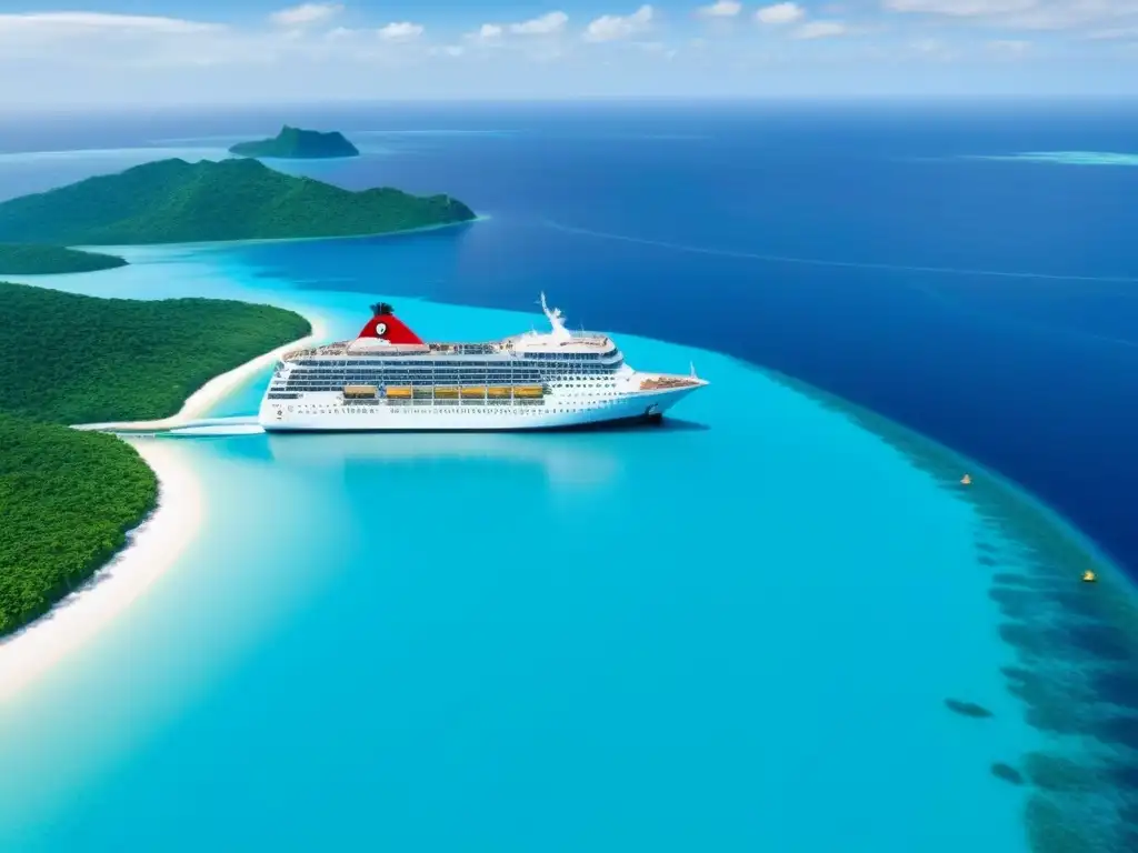 Un crucero moderno en un océano turquesa rodeado de islas tropicales, ideal para aventuras ecológicas en crucero