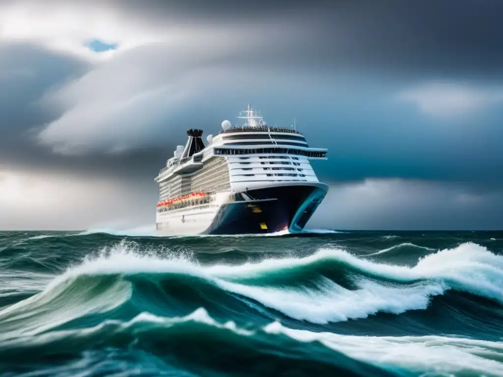 Un crucero moderno navega entre olas turbulentas bajo un cielo dramático, reflejando las fluctuaciones del mercado cruceros inversor