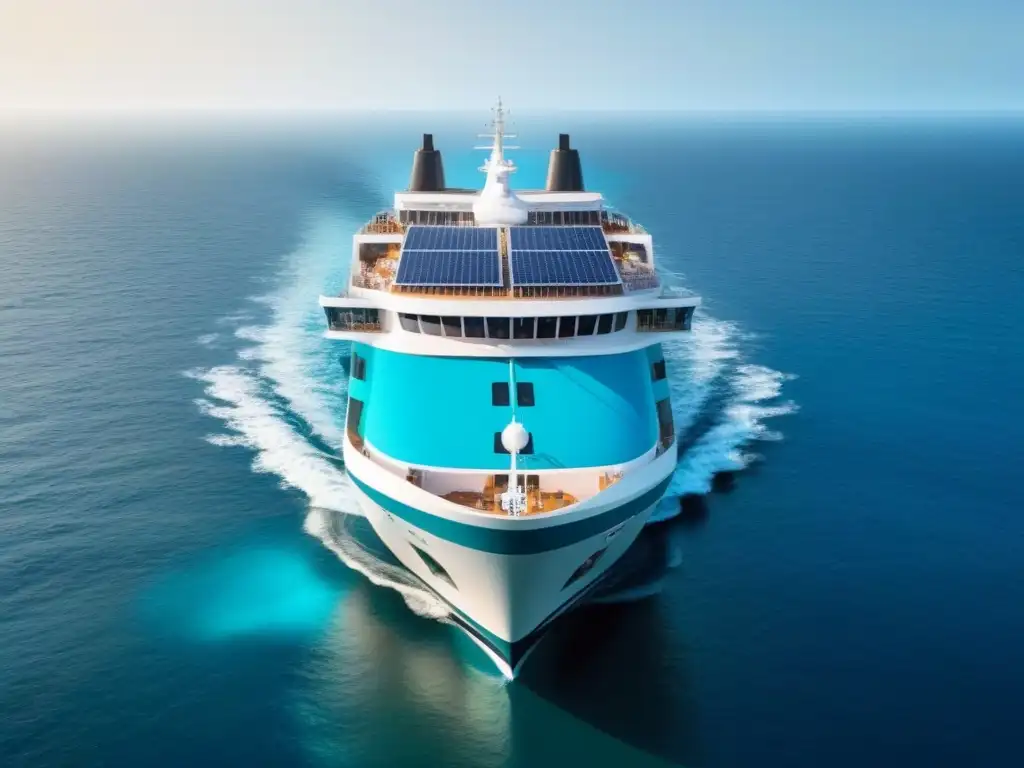 Un crucero moderno con paneles solares, rodeado de aguas cristalinas y vida marina vibrante