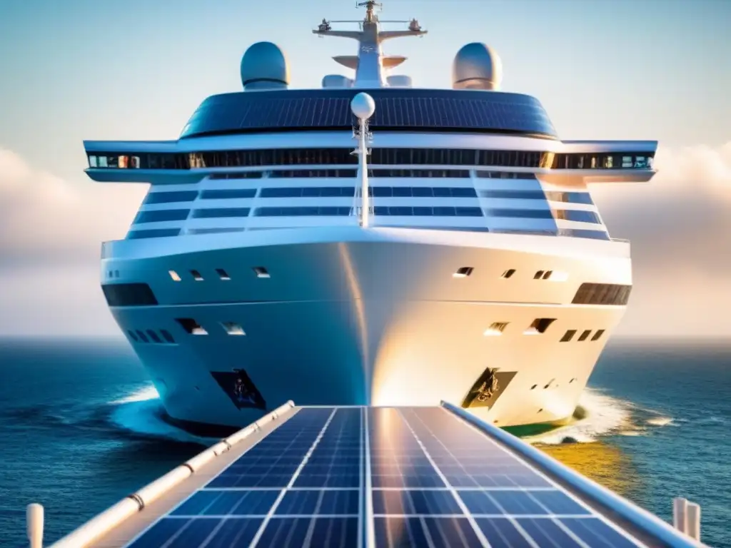 Un crucero moderno con paneles solares en cubierta, bajo un cielo azul brillante