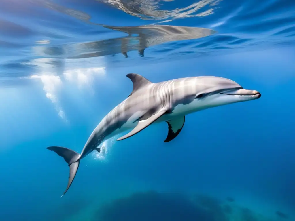 Un crucero moderno con paneles solares y turbinas eólicas, rodeado de delfines y vida marina, en un mar cristalino