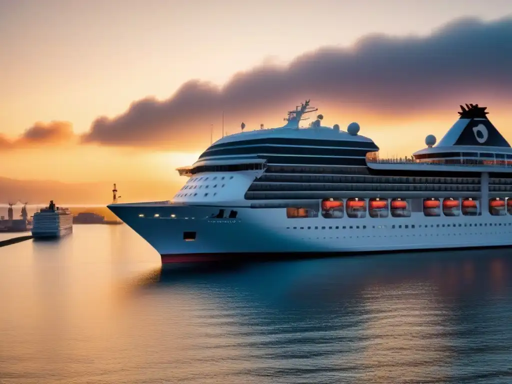 Un crucero moderno atracando en un puerto bullicioso al atardecer