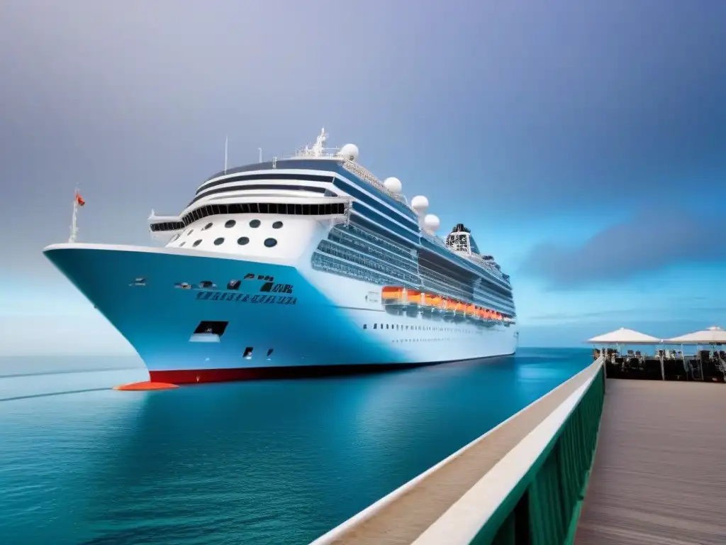 Un crucero moderno en un puerto, con diseño elegante y vista al mar