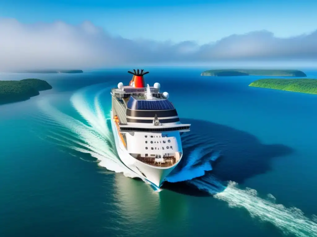 Un crucero moderno en un puerto futurista ecoamigable, con tecnología ecológica y naturaleza