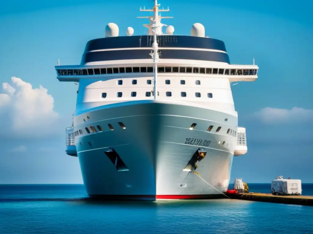 Un crucero moderno en un puerto limpio, con aguas cristalinas reflejando el barco y un cielo azul