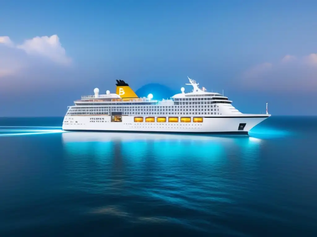 Un crucero moderno navega en un río de blockchain, con ventajas criptomonedas en turismo marítimo