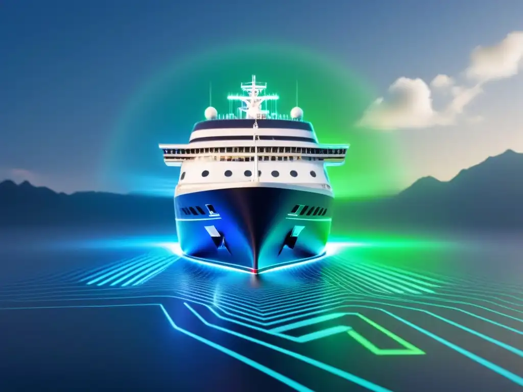 Un crucero moderno rodeado de señales digitales, simbolizando la conectividad a bordo de cruceros