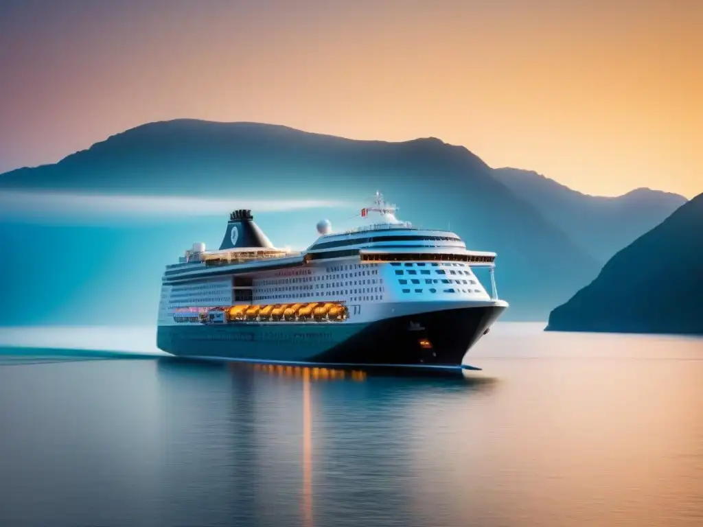 Un crucero moderno surca sereno las aguas al atardecer, optimizando consumo de combustible