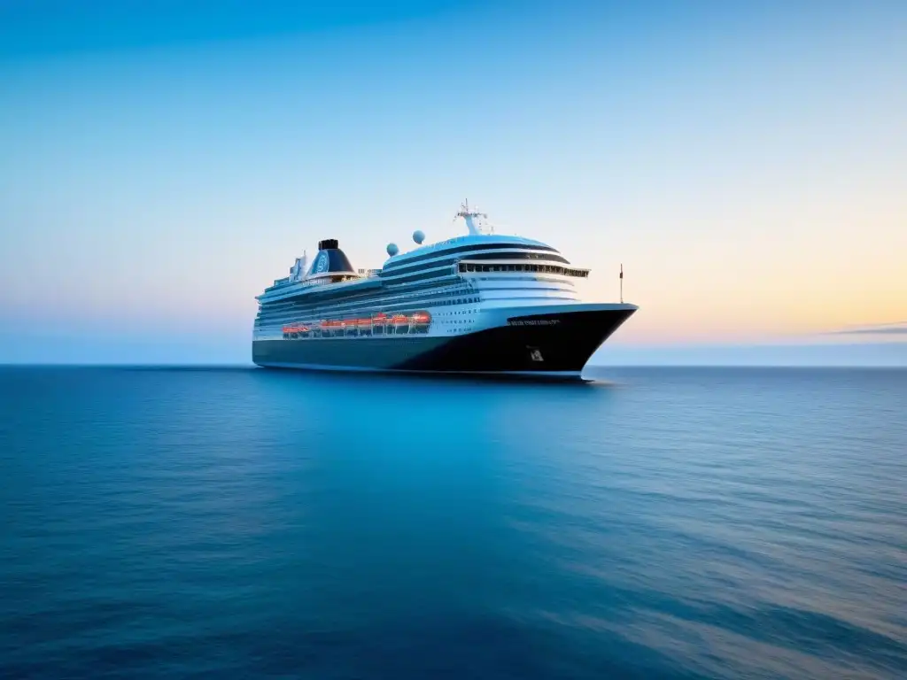 Un crucero moderno y sereno navega en un mar tranquilo bajo un cielo azul claro