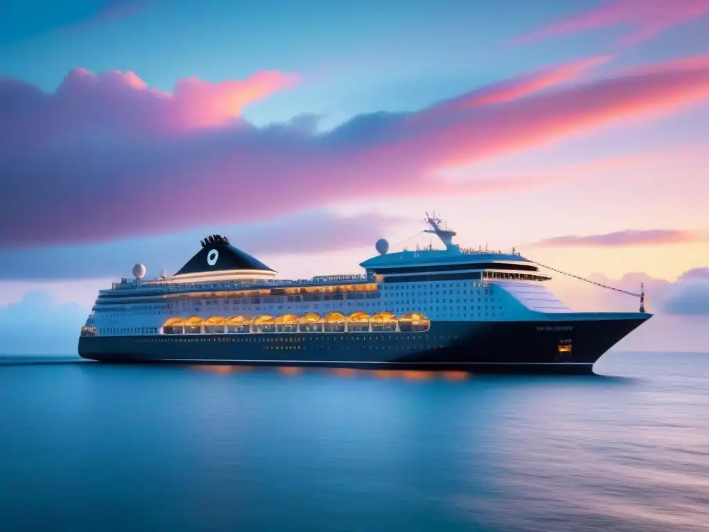 Un crucero moderno surca sereno el mar al atardecer, destacando la elegancia de la operación logística en cruceros marítimos