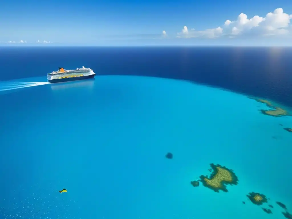 Un crucero moderno y sostenible navega en aguas turquesas, rodeado de vida marina colorida