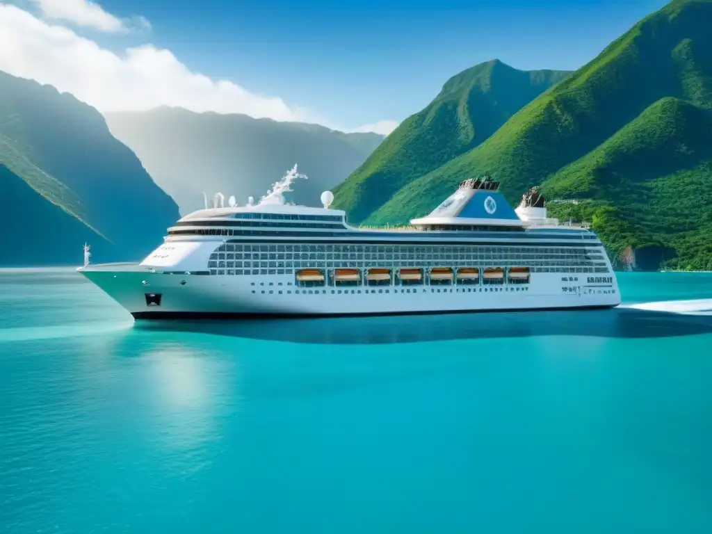 Un crucero moderno y sostenible navegando en aguas turquesas, rodeado de montañas verdes bajo un cielo azul