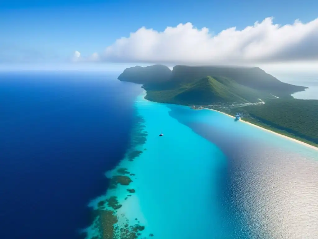 Un crucero moderno con tecnologías energía renovable navegando en aguas turquesas entre islas verdes