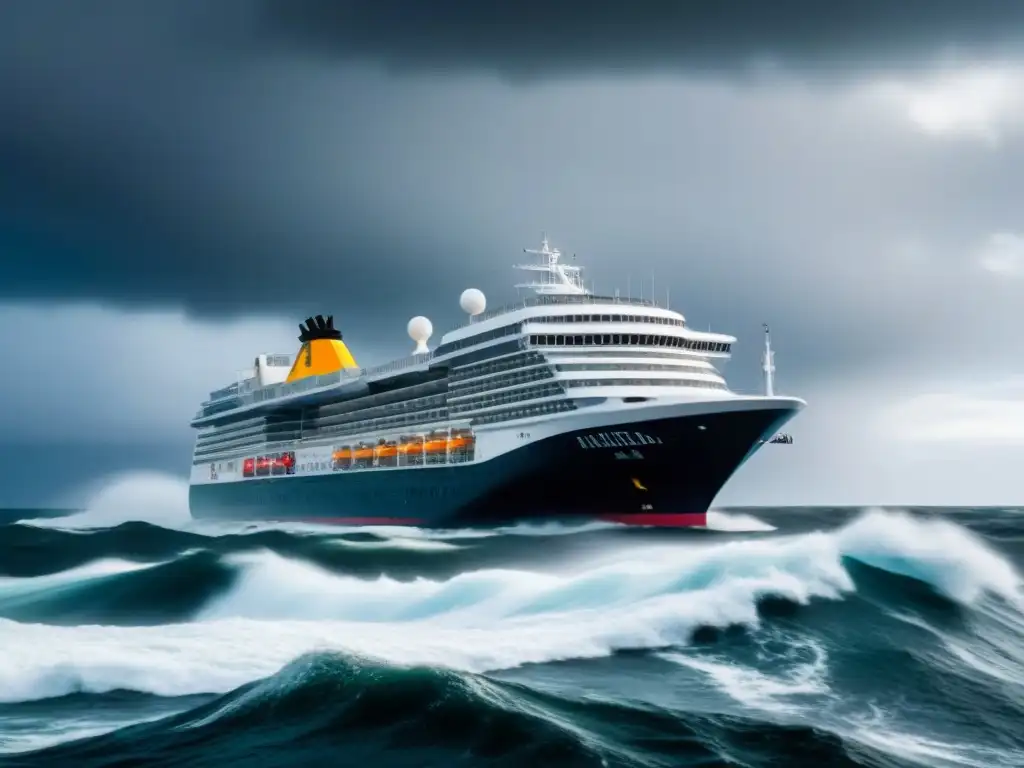 Un crucero moderno navegando en una tormenta, resaltando la preparación de los cruceros ante fenómenos meteorológicos