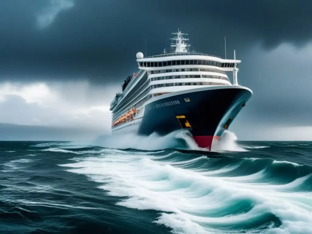 Un crucero moderno navega entre tormentas, mostrando entretenimiento virtual en cruceros marítimos