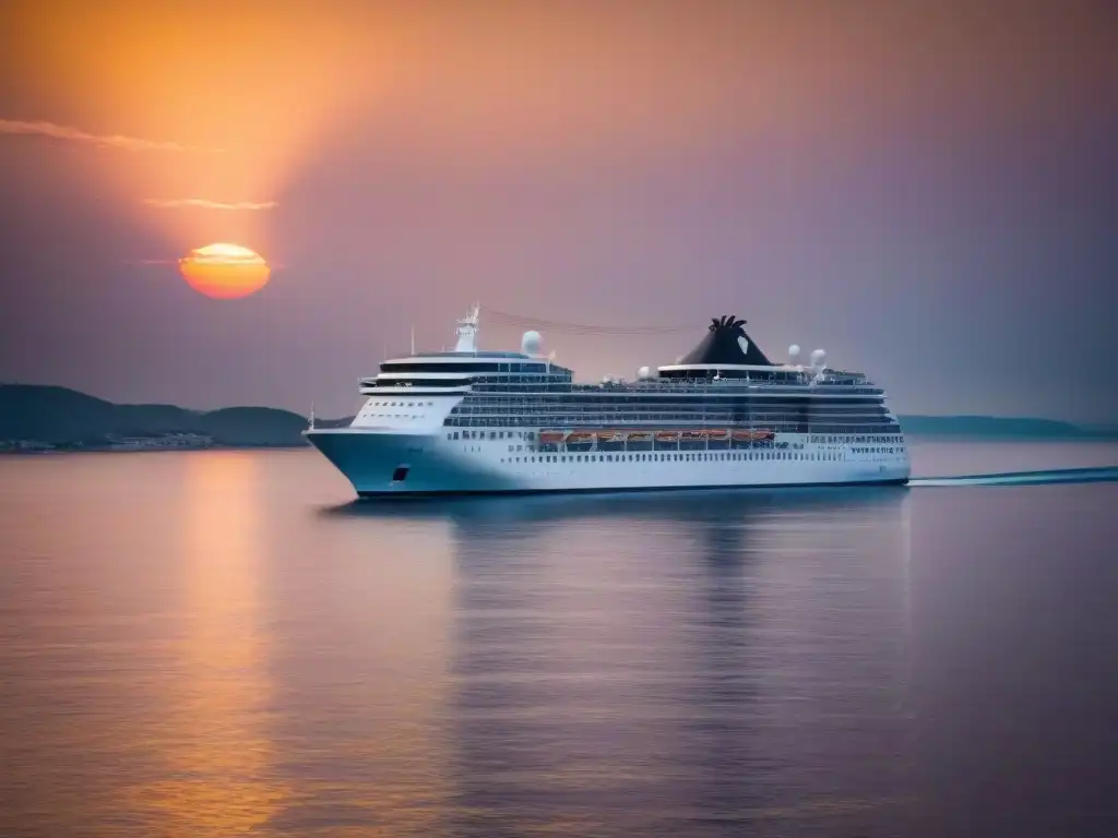 Un crucero moderno surca tranquilo el mar al atardecer, resaltando el impacto de las energías renovables en la industria de cruceros