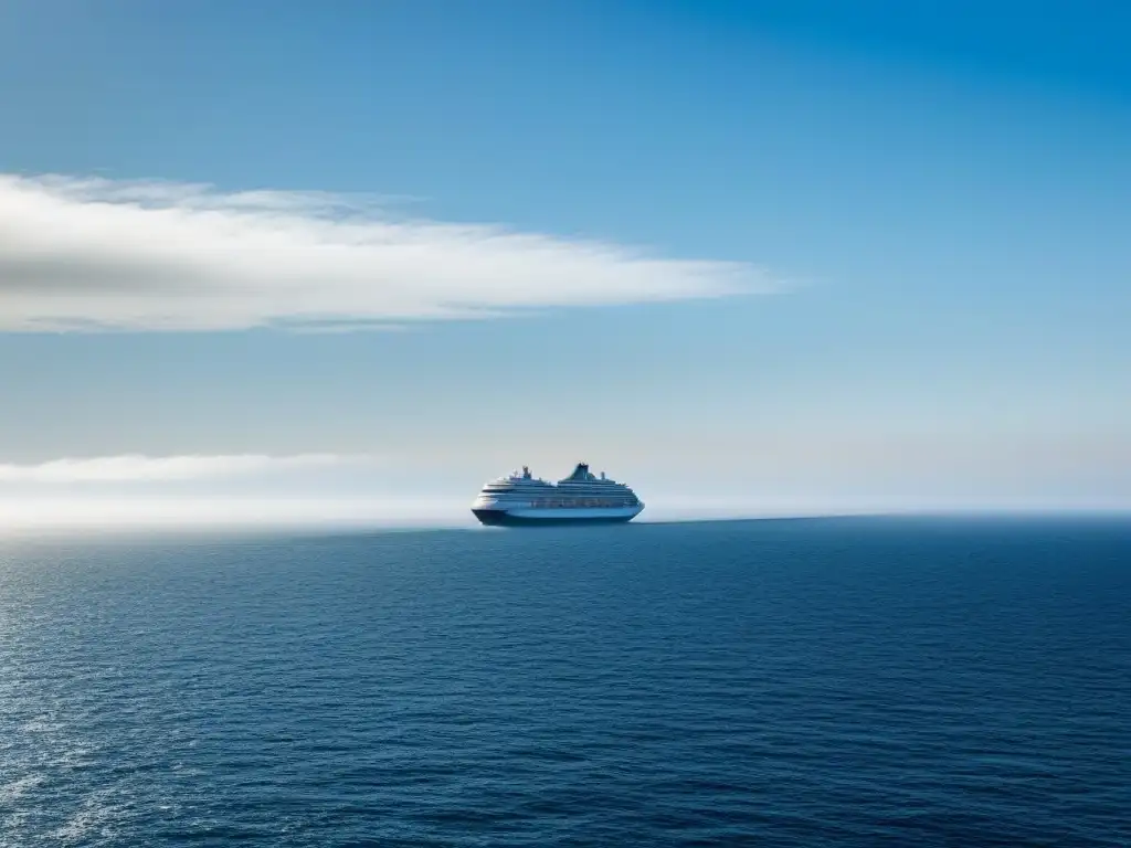 Un crucero moderno navega en un vasto océano bajo un cielo azul, transmitiendo seguridad en cruceros marítimos