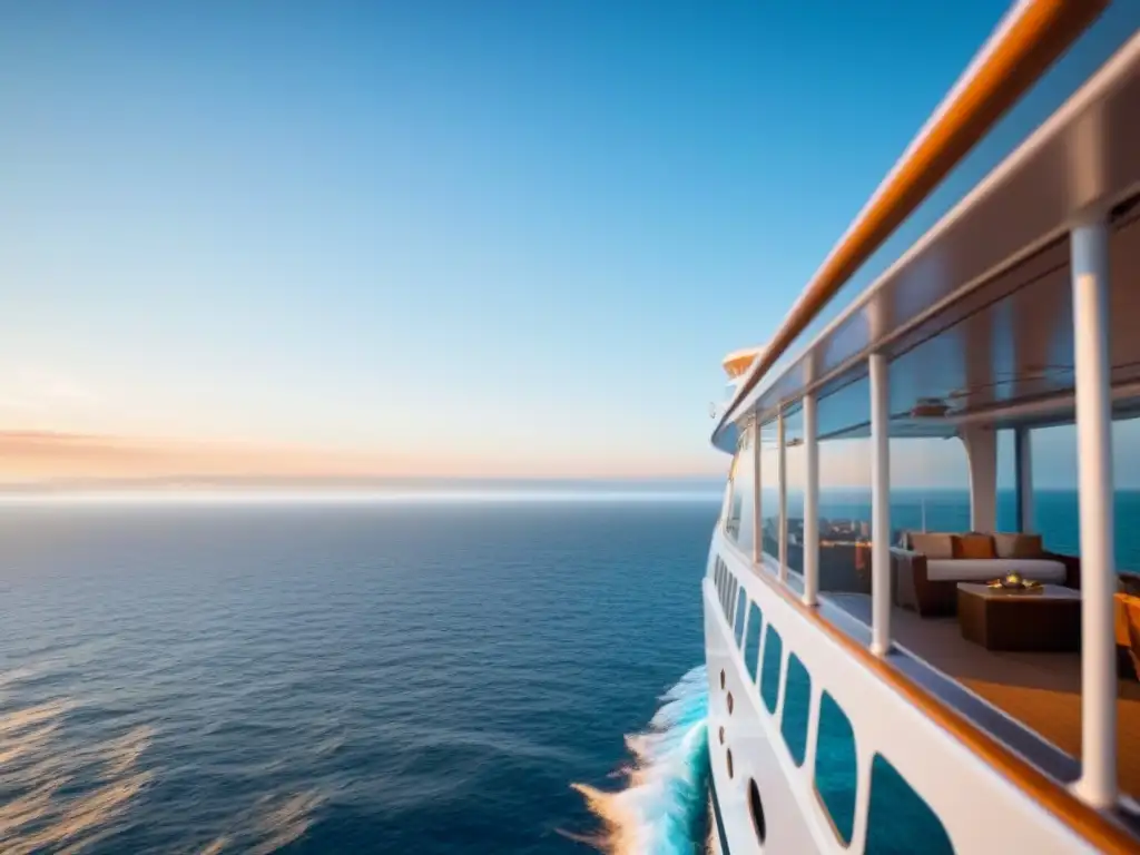 Un crucero moderno contrasta con el vasto y sereno océano al atardecer, transmitiendo paz y armonía en una escena marítima