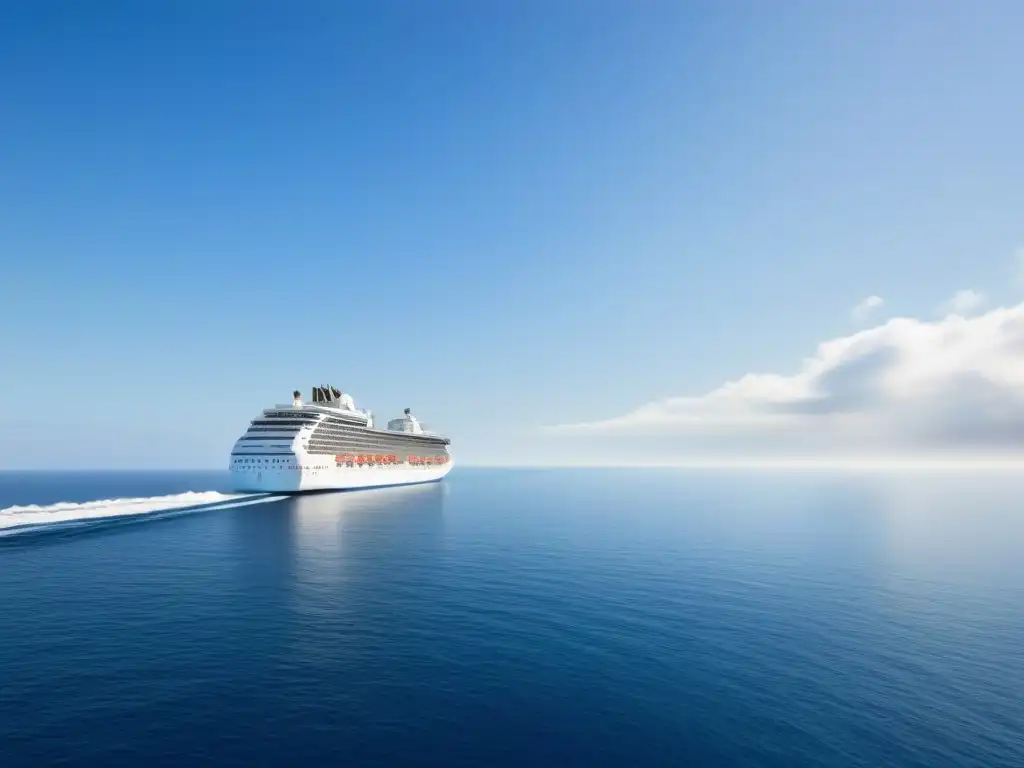 Un crucero moderno navega en un vasto y sereno océano bajo un cielo azul claro