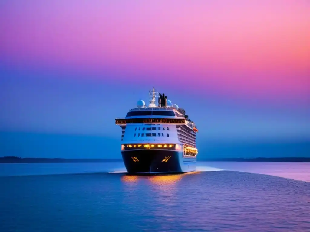 Un crucero moderno navega bajo un vibrante atardecer, reflejando lujo y tranquilidad